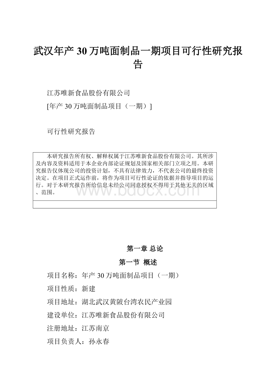 武汉年产30万吨面制品一期项目可行性研究报告.docx_第1页