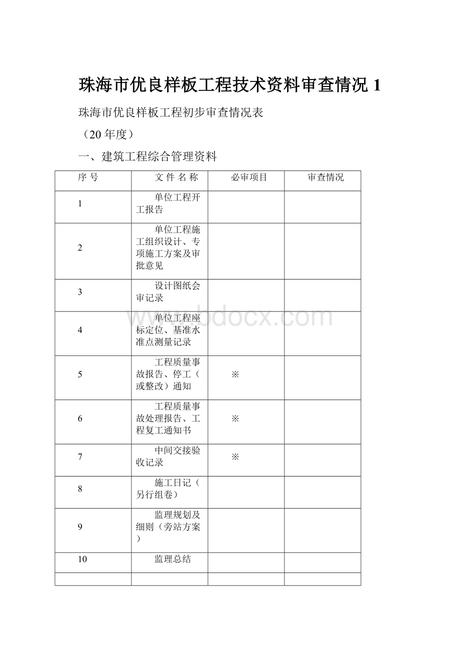 珠海市优良样板工程技术资料审查情况1.docx_第1页