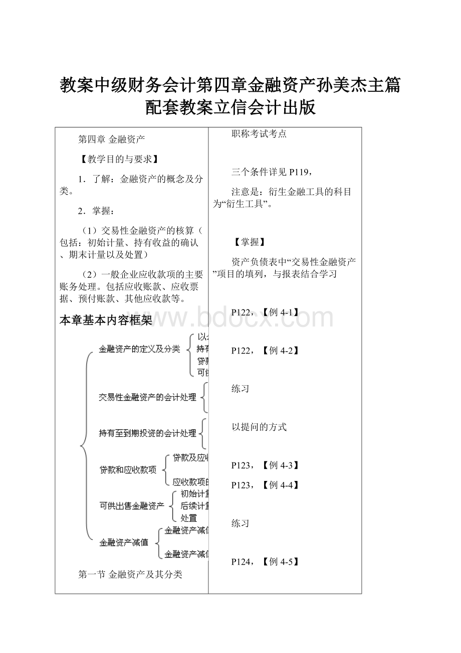 教案中级财务会计第四章金融资产孙美杰主篇配套教案立信会计出版.docx