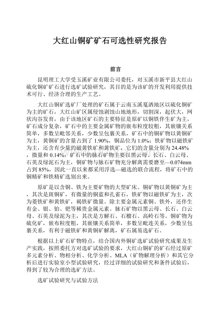 大红山铜矿矿石可选性研究报告.docx_第1页