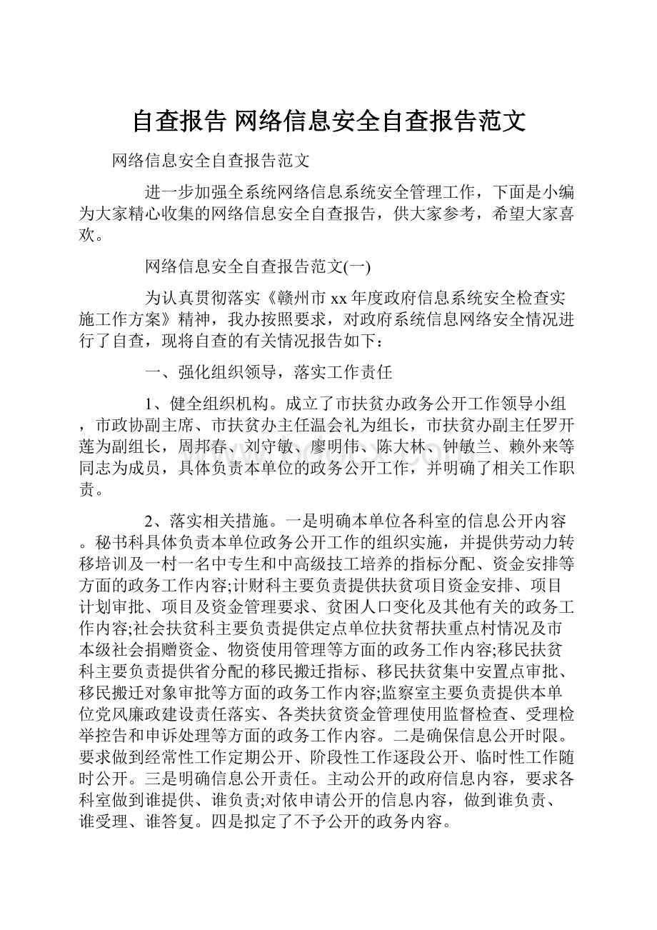 自查报告 网络信息安全自查报告范文.docx