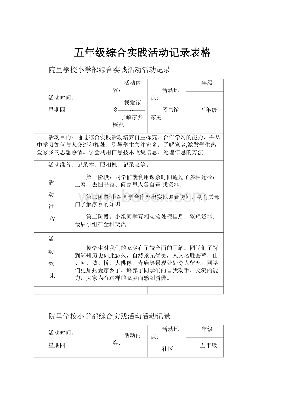 五年级综合实践活动记录表格.docx_第1页