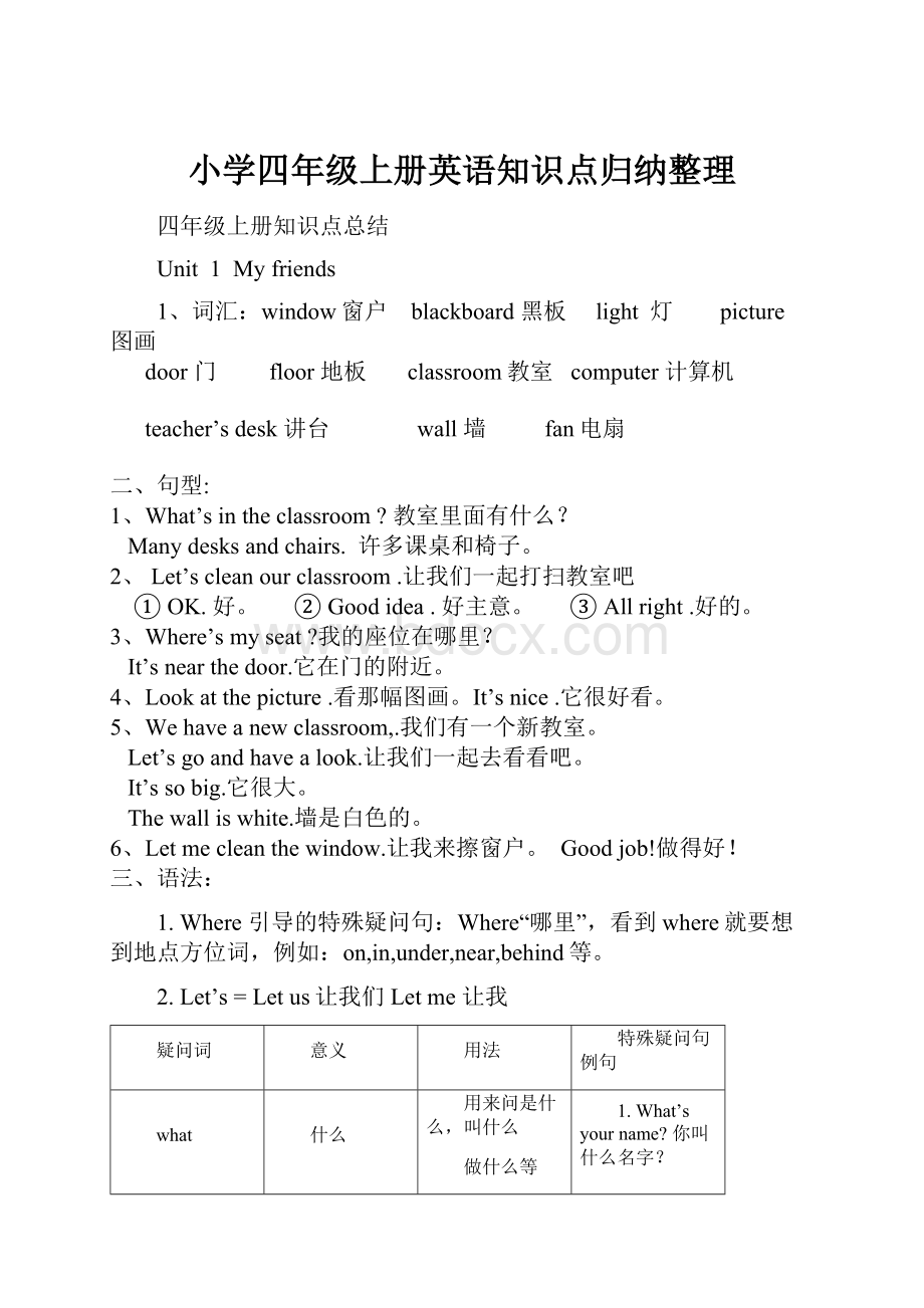 小学四年级上册英语知识点归纳整理.docx