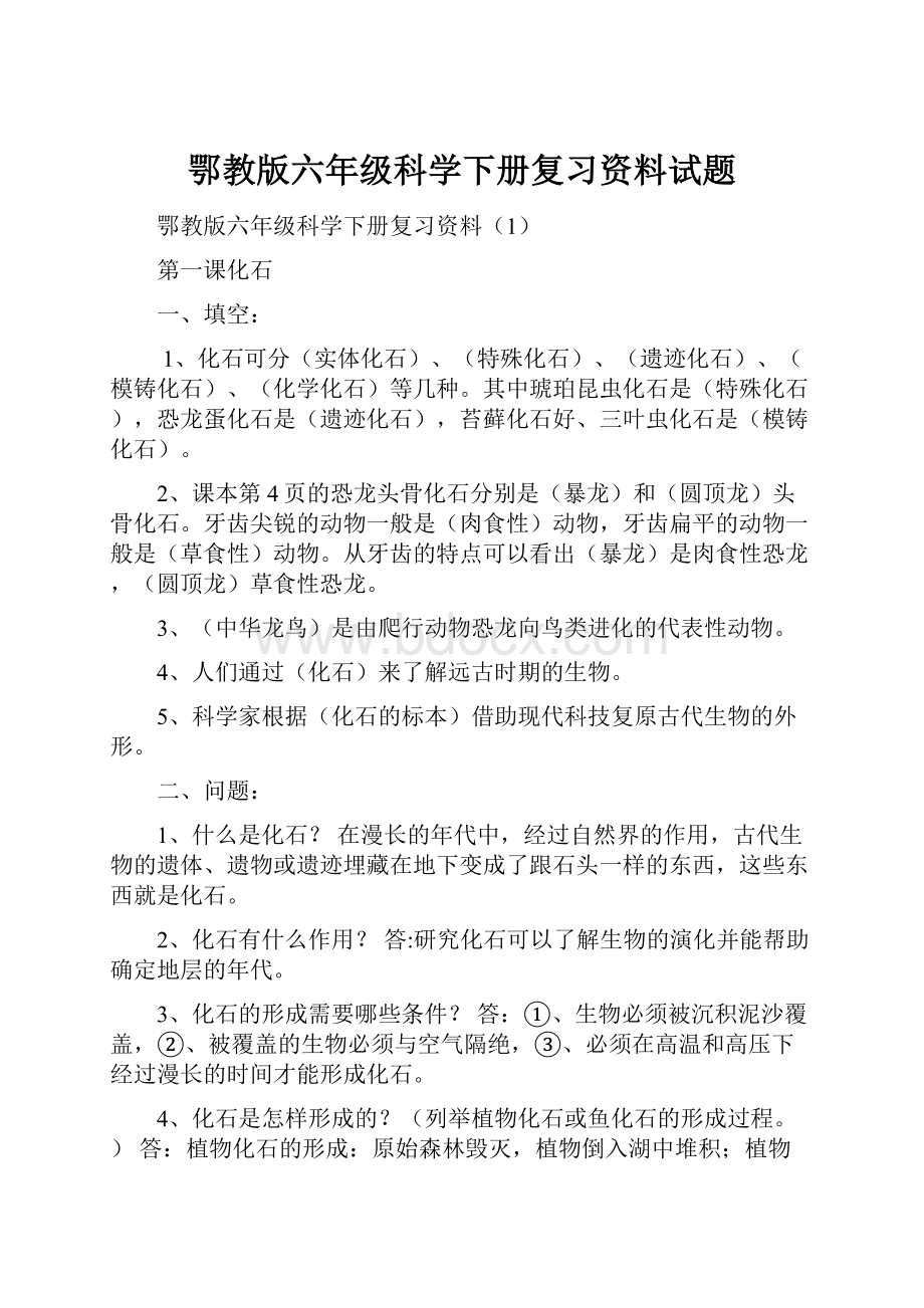 鄂教版六年级科学下册复习资料试题.docx