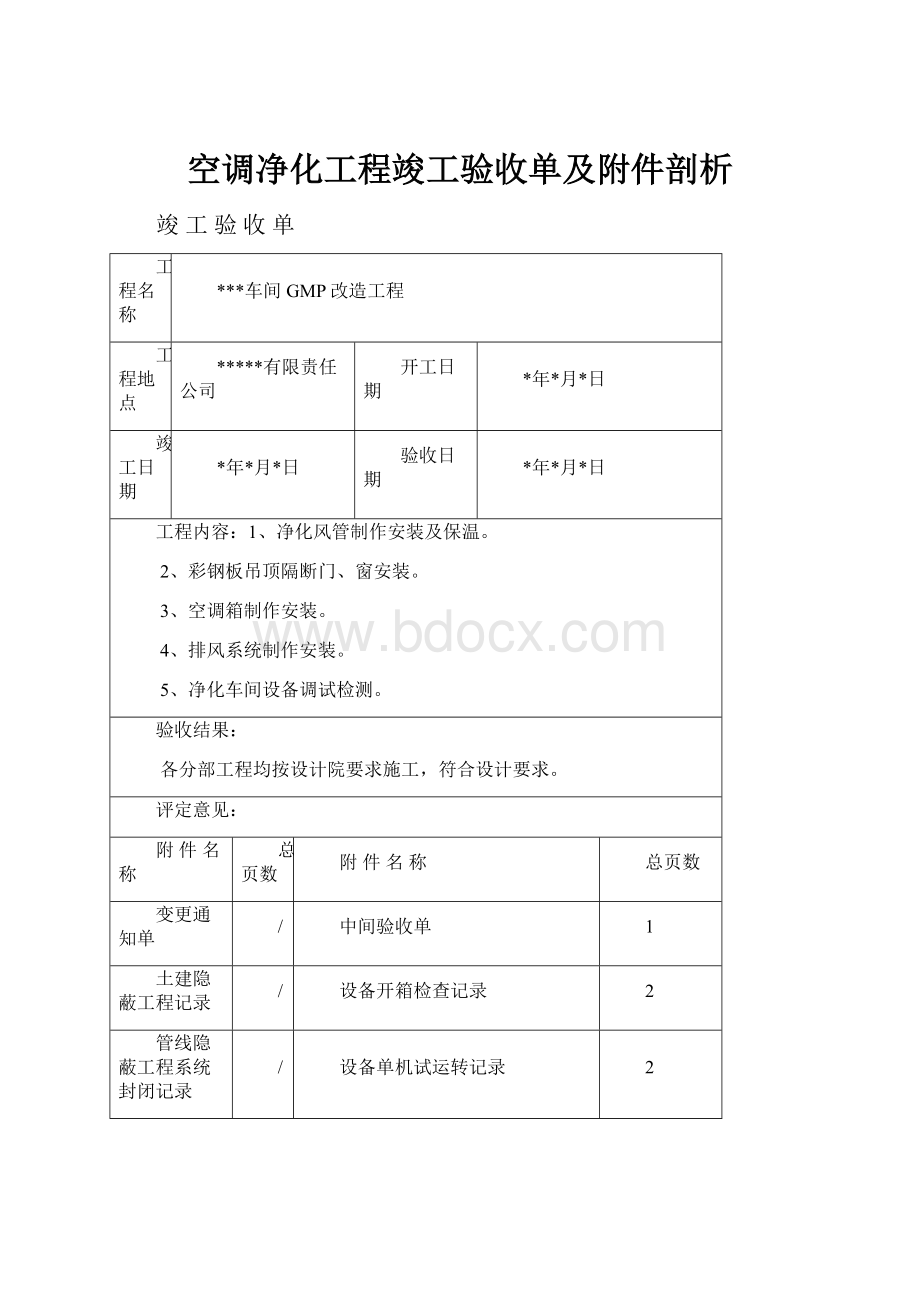 空调净化工程竣工验收单及附件剖析.docx