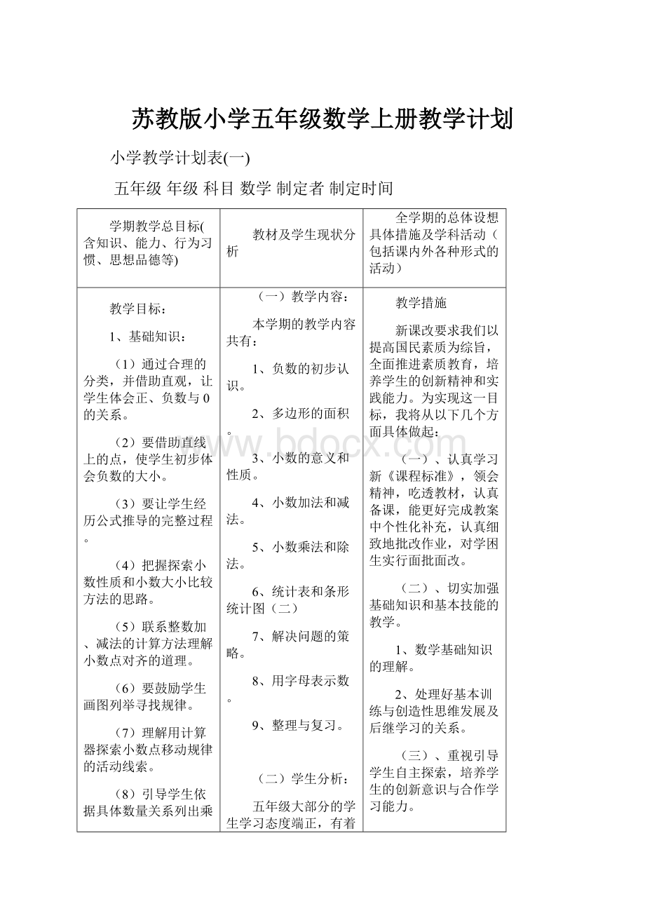 苏教版小学五年级数学上册教学计划.docx_第1页