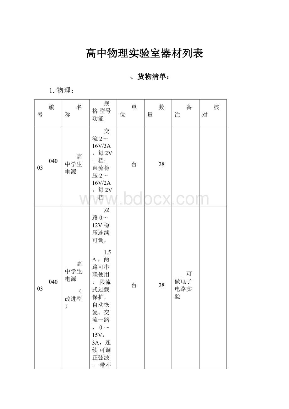 高中物理实验室器材列表.docx_第1页