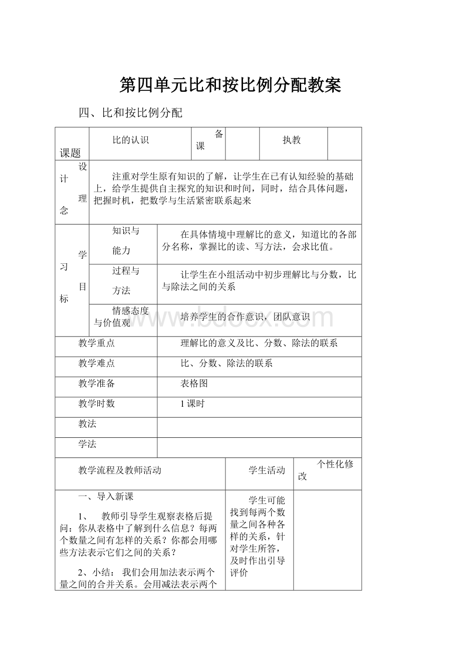 第四单元比和按比例分配教案.docx_第1页