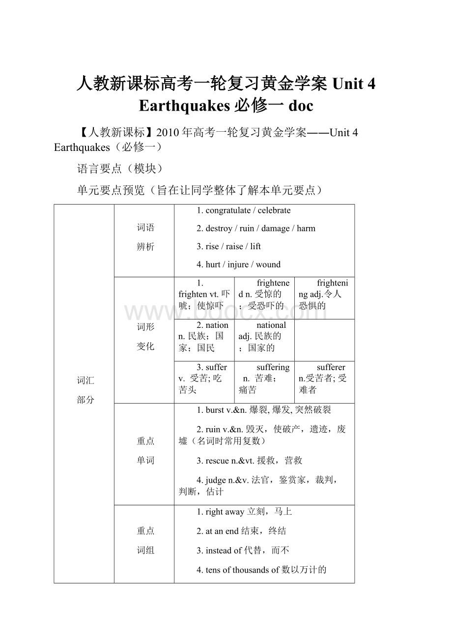 人教新课标高考一轮复习黄金学案Unit 4Earthquakes必修一 doc.docx_第1页