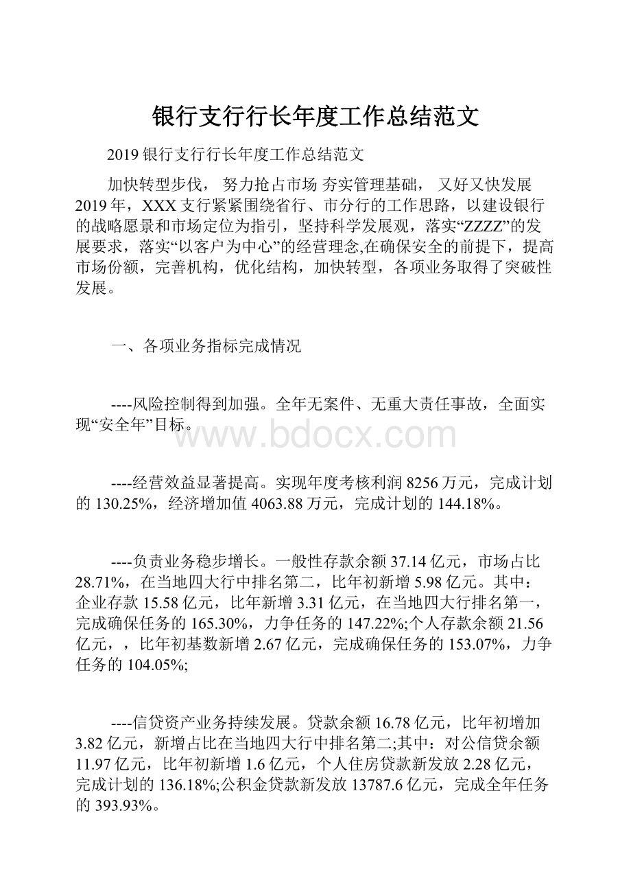 银行支行行长年度工作总结范文.docx