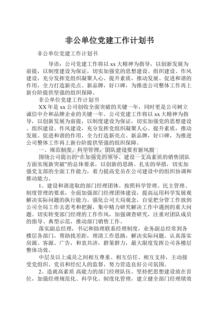 非公单位党建工作计划书.docx