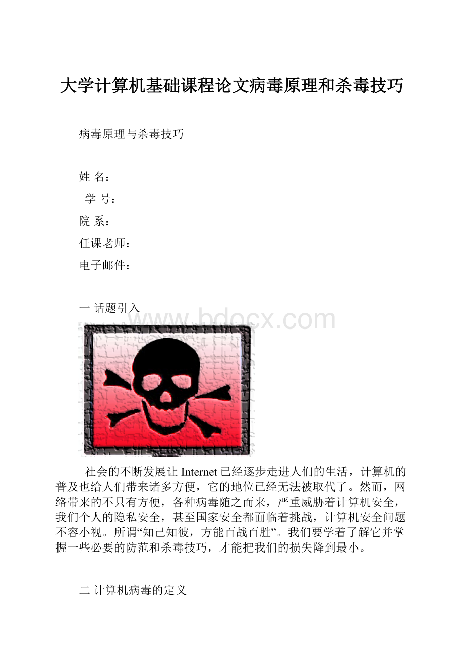 大学计算机基础课程论文病毒原理和杀毒技巧.docx_第1页