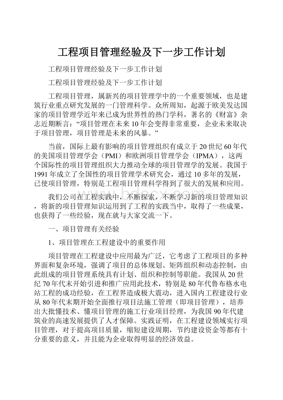 工程项目管理经验及下一步工作计划.docx_第1页