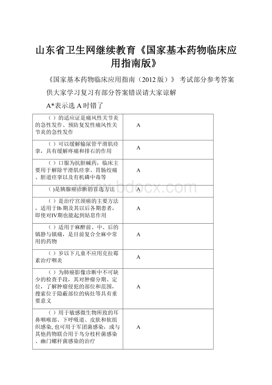 山东省卫生网继续教育《国家基本药物临床应用指南版》.docx