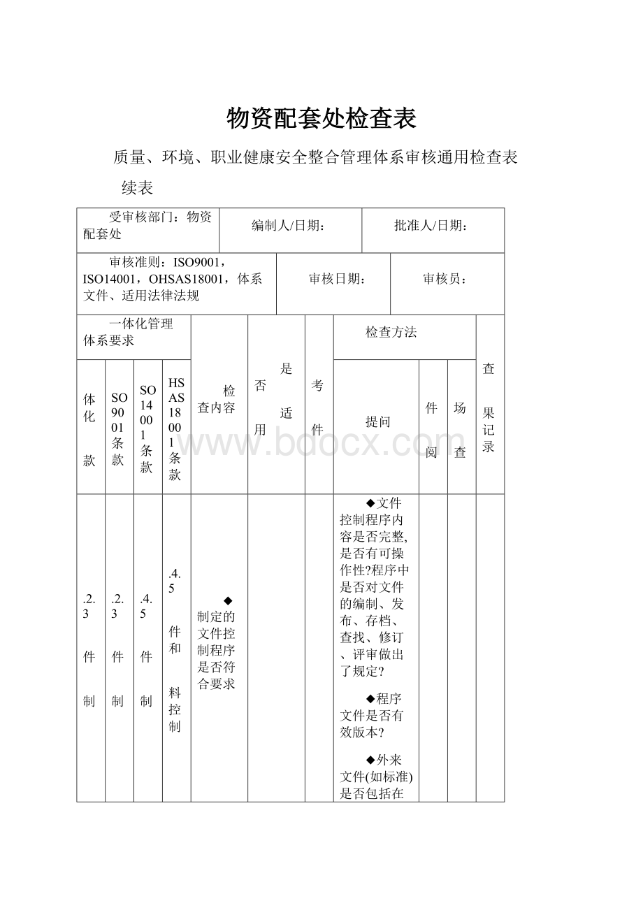 物资配套处检查表.docx_第1页