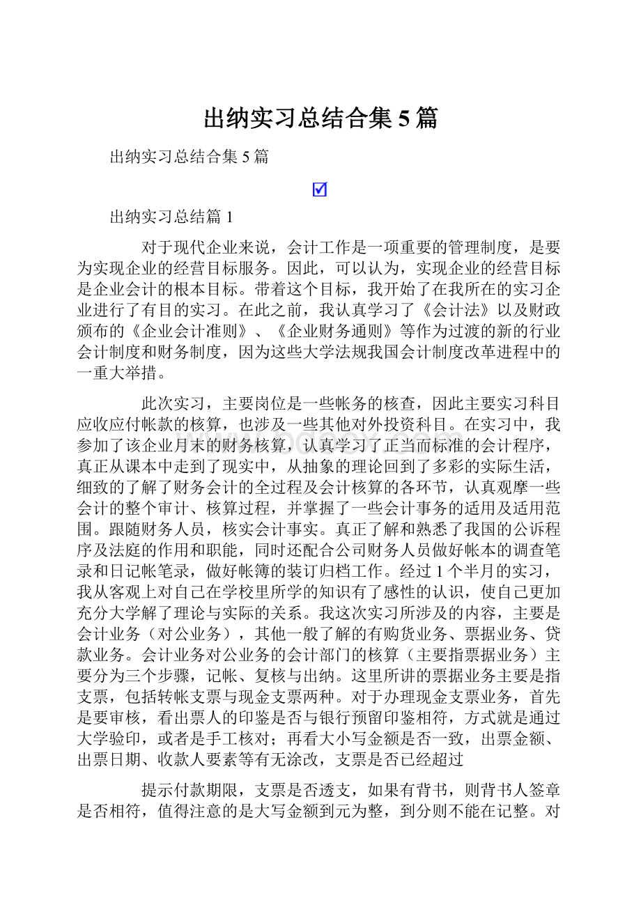 出纳实习总结合集5篇.docx