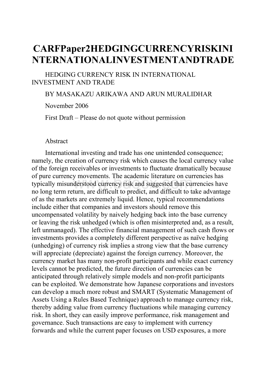 CARFPaper2HEDGINGCURRENCYRISKININTERNATIONALINVESTMENTANDTRADE.docx