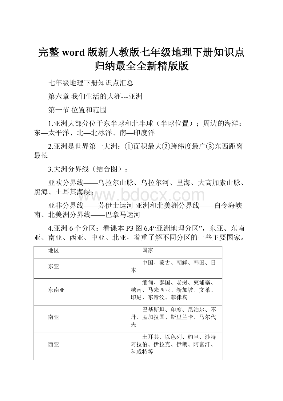 完整word版新人教版七年级地理下册知识点归纳最全全新精版版.docx_第1页