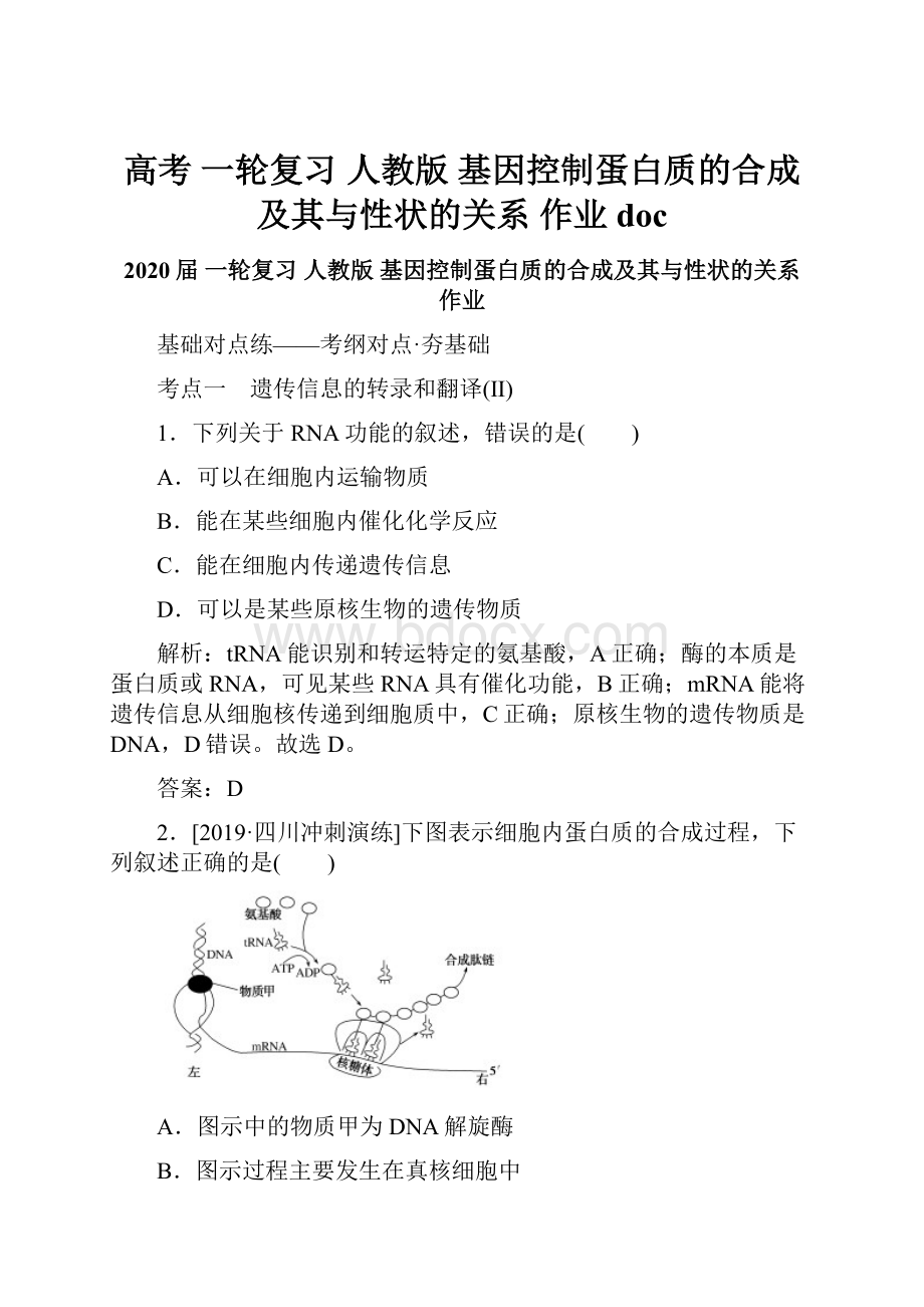 高考 一轮复习人教版 基因控制蛋白质的合成及其与性状的关系作业doc.docx