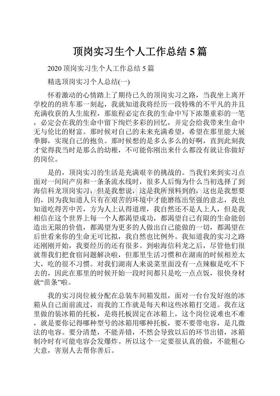 顶岗实习生个人工作总结5篇.docx_第1页