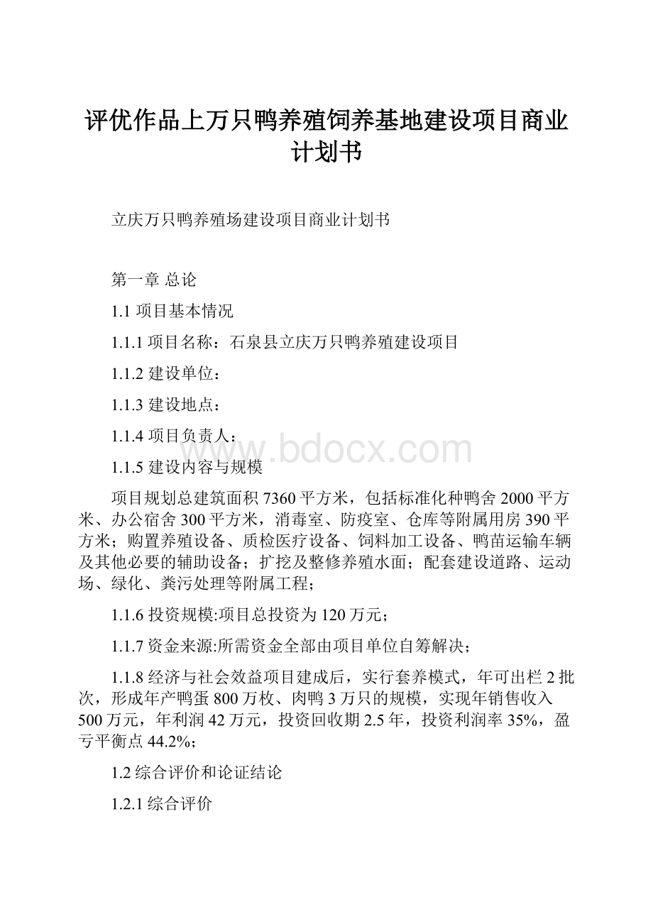 评优作品上万只鸭养殖饲养基地建设项目商业计划书.docx