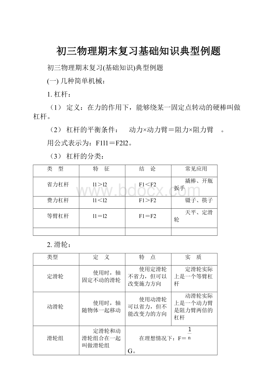 初三物理期末复习基础知识典型例题.docx