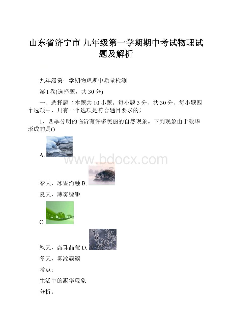 山东省济宁市 九年级第一学期期中考试物理试题及解析.docx_第1页