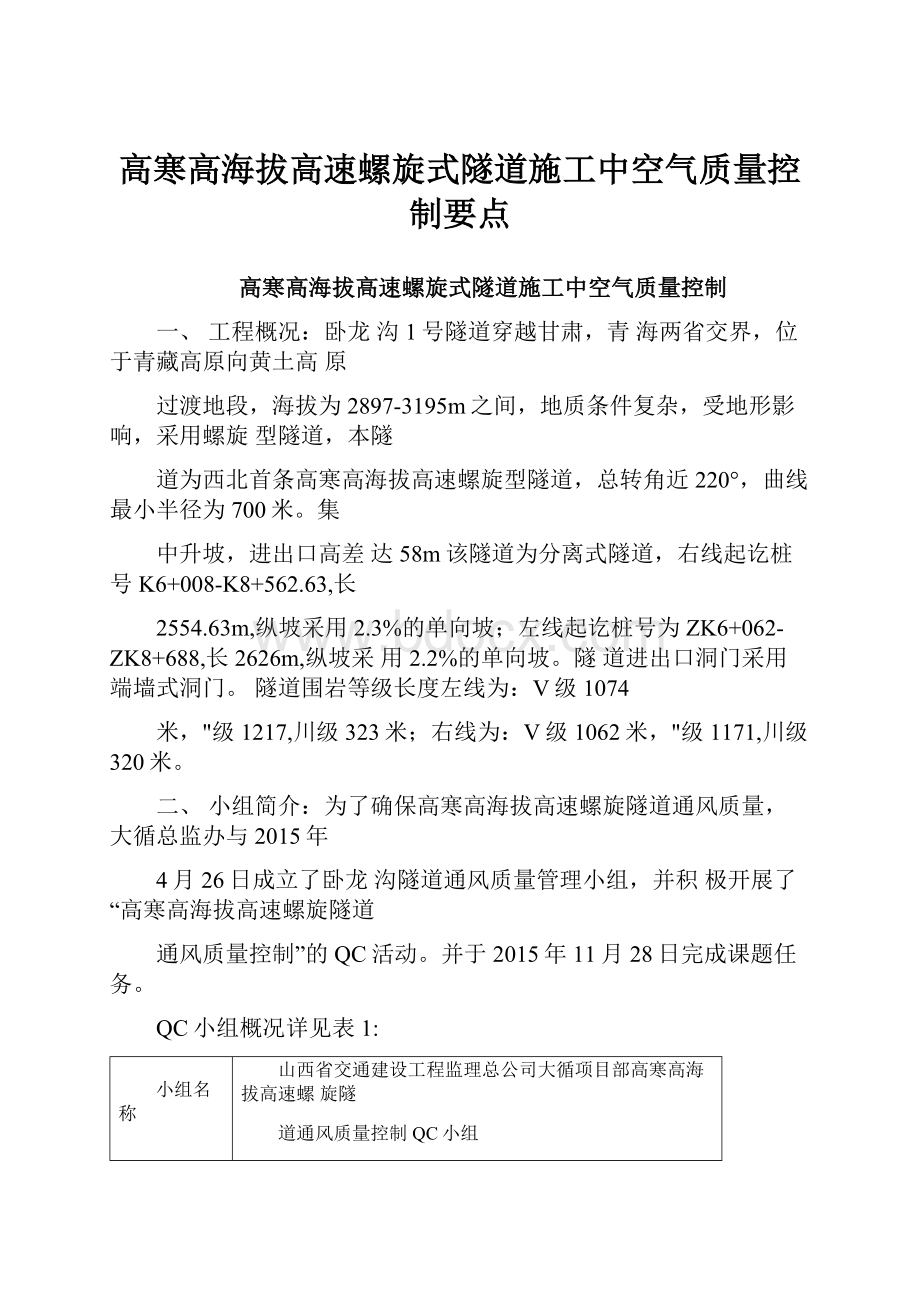 高寒高海拔高速螺旋式隧道施工中空气质量控制要点.docx_第1页