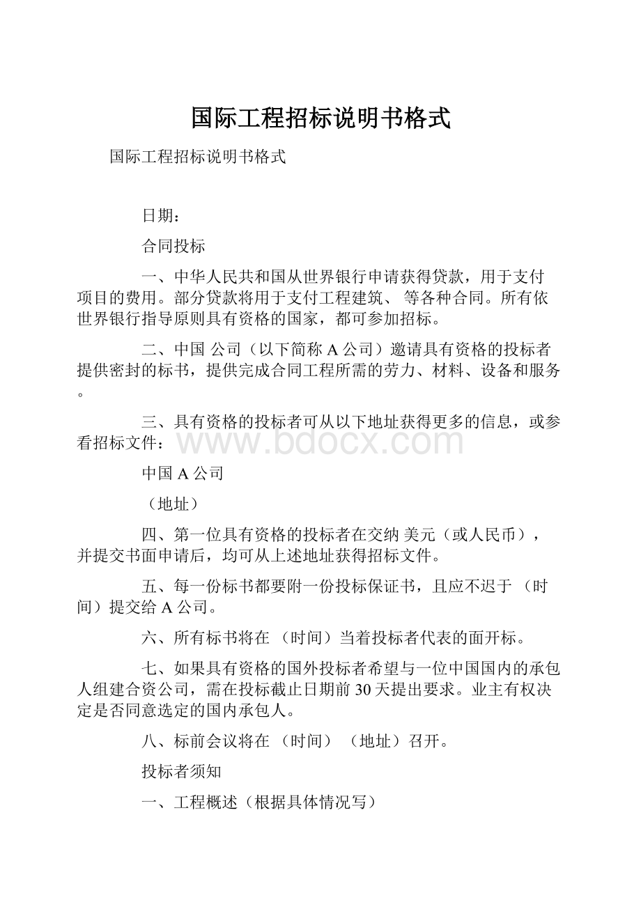 国际工程招标说明书格式.docx_第1页