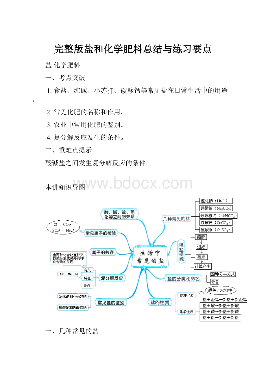 完整版盐和化学肥料总结与练习要点.docx