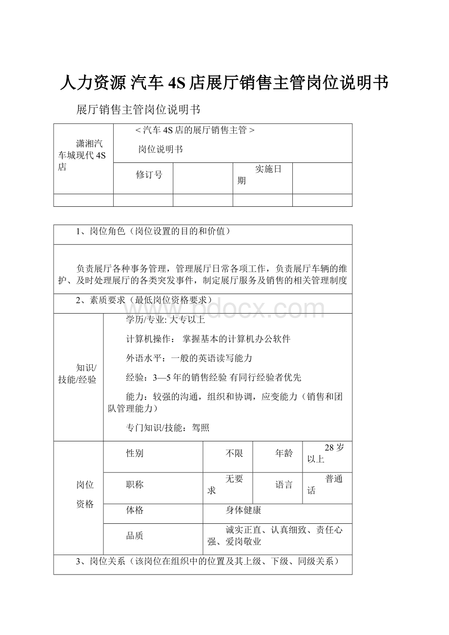 人力资源 汽车4S店展厅销售主管岗位说明书.docx_第1页