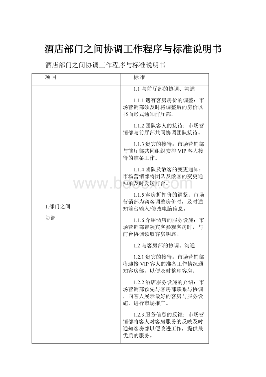 酒店部门之间协调工作程序与标准说明书.docx_第1页