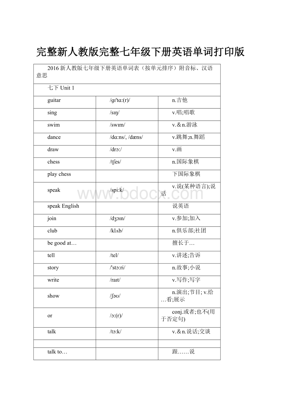 完整新人教版完整七年级下册英语单词打印版.docx_第1页