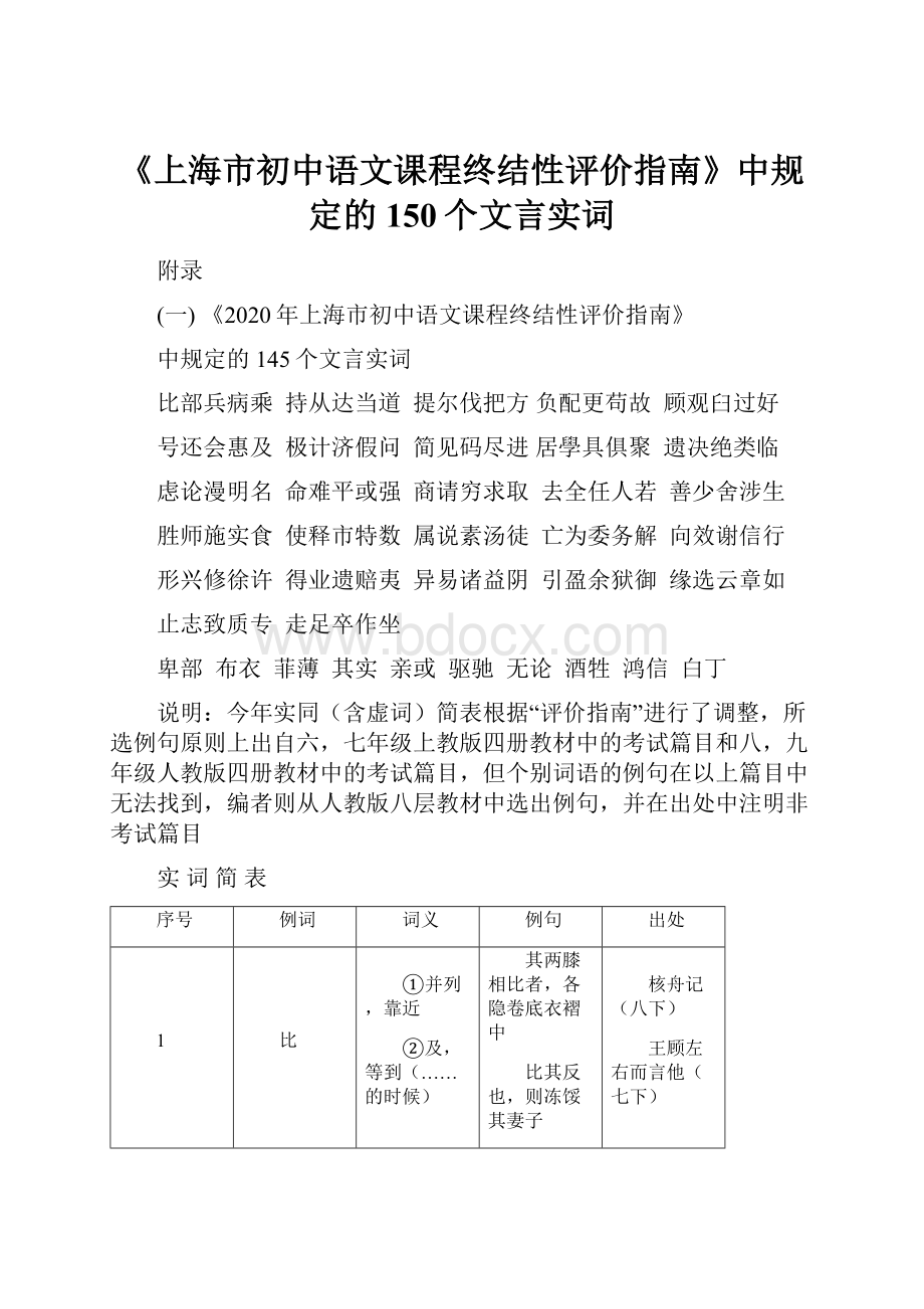 《上海市初中语文课程终结性评价指南》中规定的150个文言实词.docx_第1页