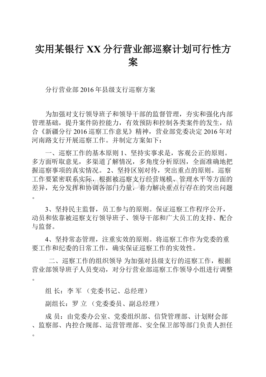 实用某银行XX分行营业部巡察计划可行性方案.docx_第1页