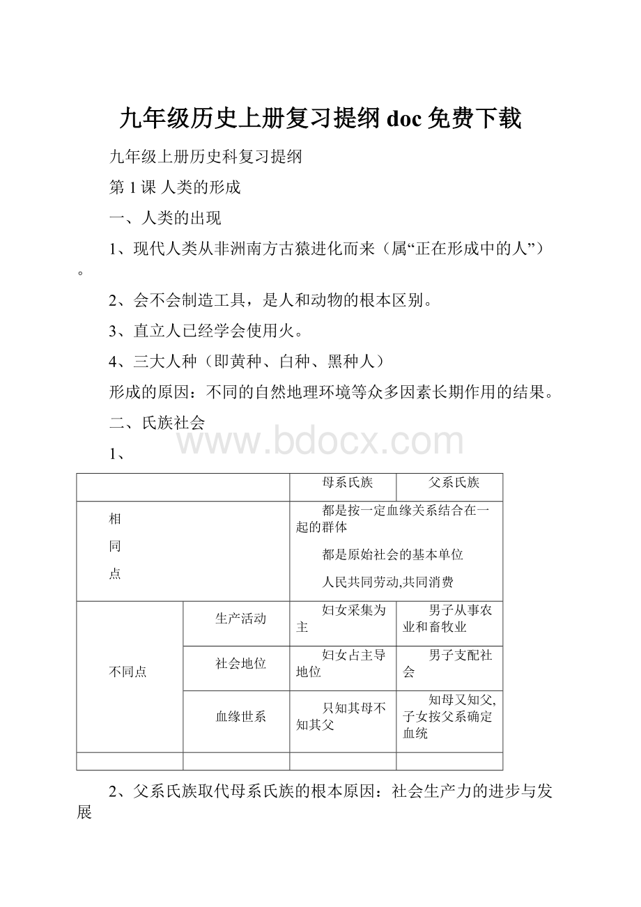 九年级历史上册复习提纲doc免费下载.docx