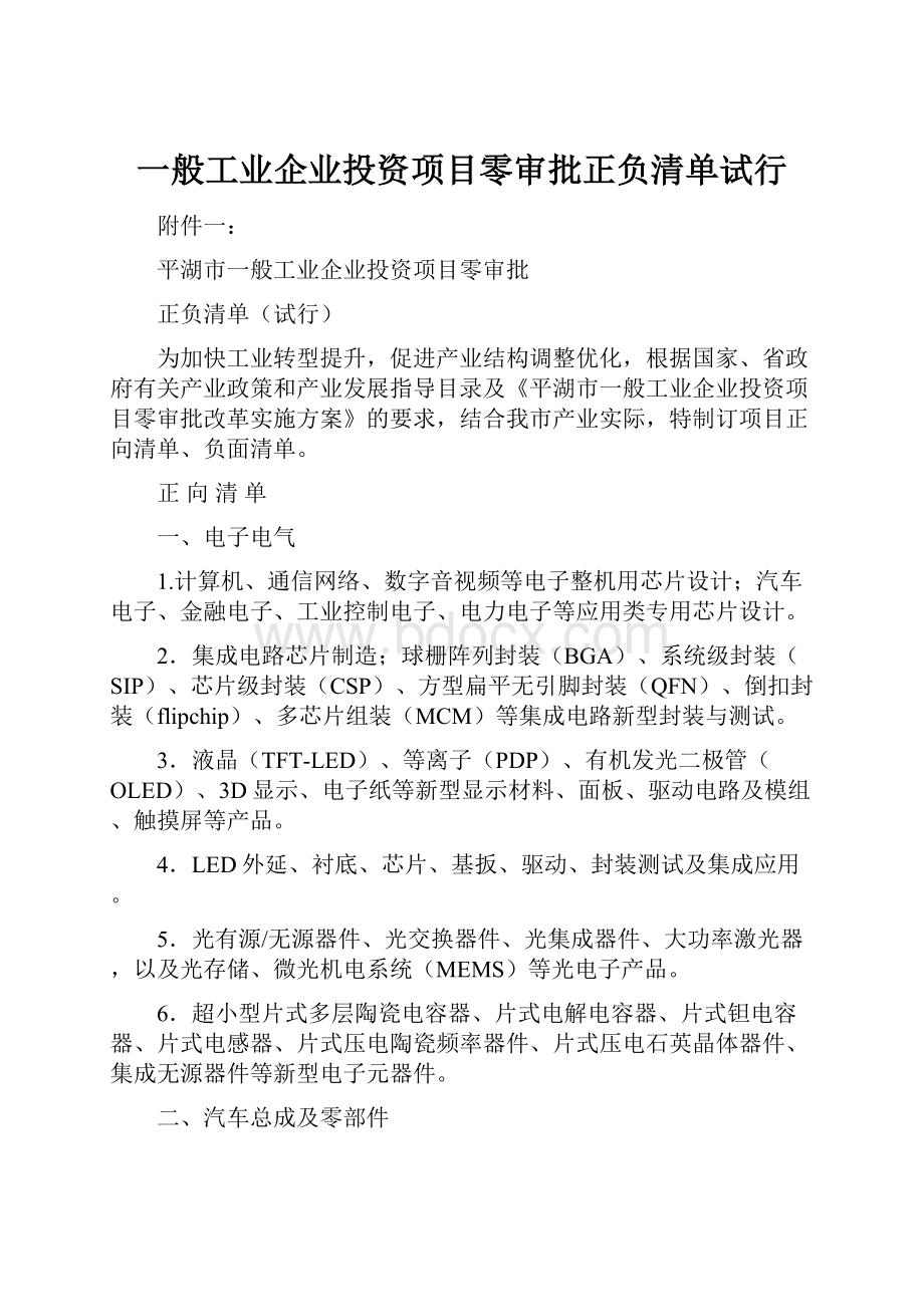 一般工业企业投资项目零审批正负清单试行.docx_第1页