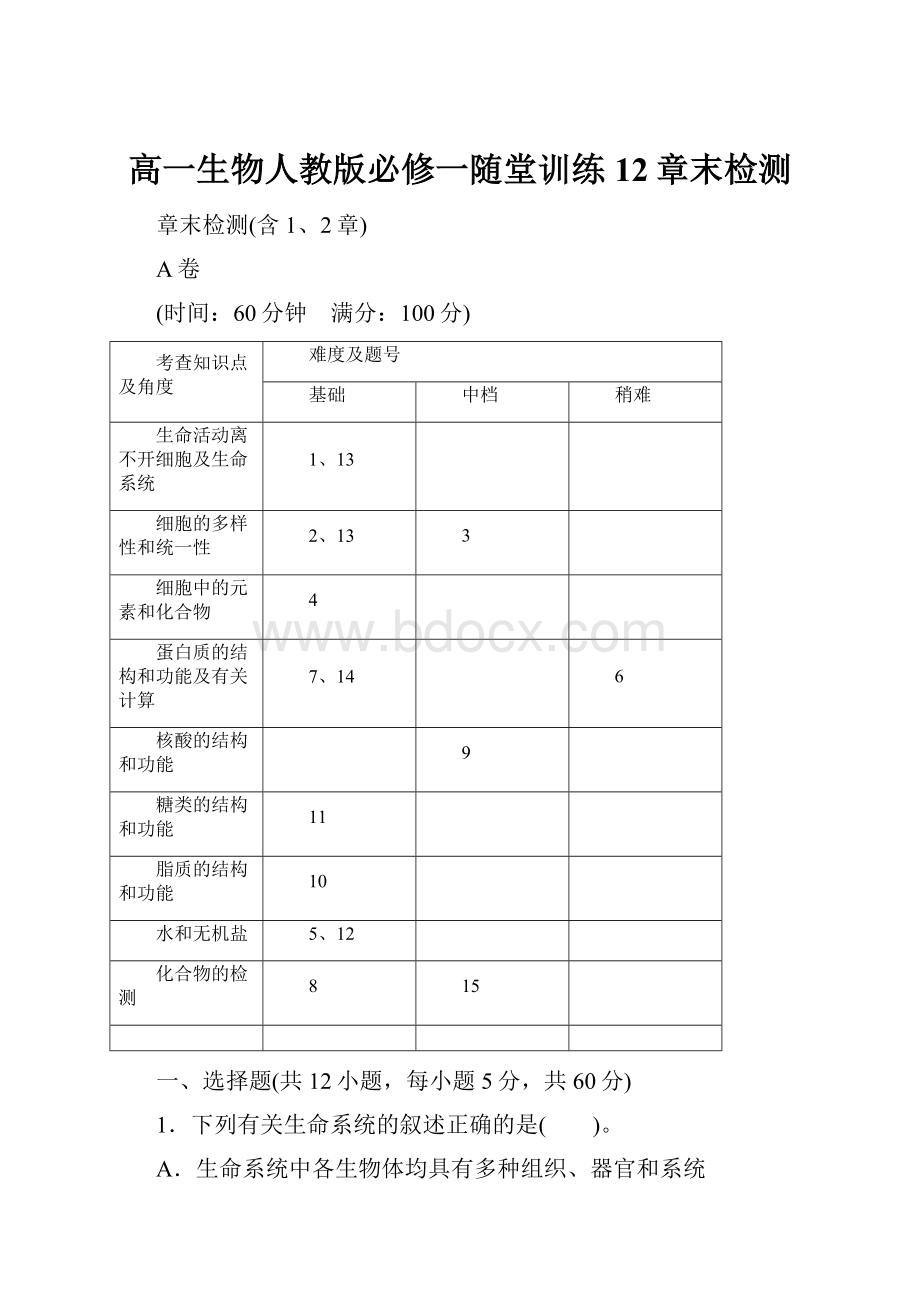 高一生物人教版必修一随堂训练 12章末检测.docx_第1页