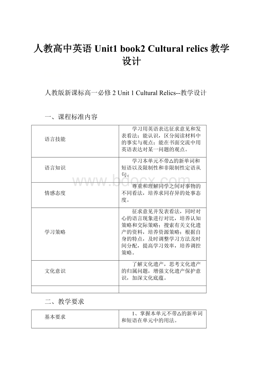 人教高中英语 Unit1 book2 Cultural relics教学设计.docx_第1页