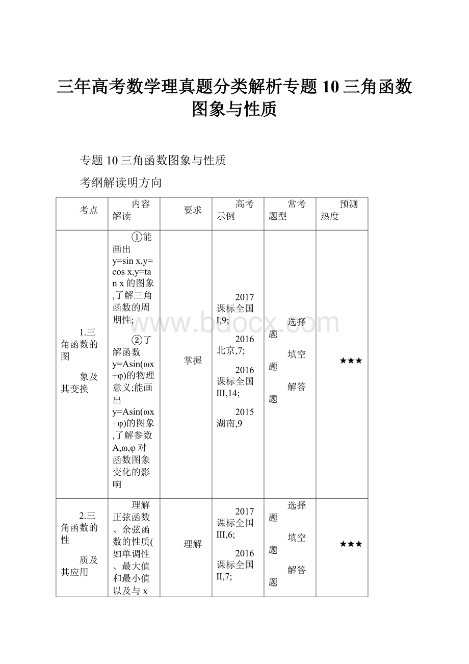 三年高考数学理真题分类解析专题10三角函数图象与性质.docx_第1页