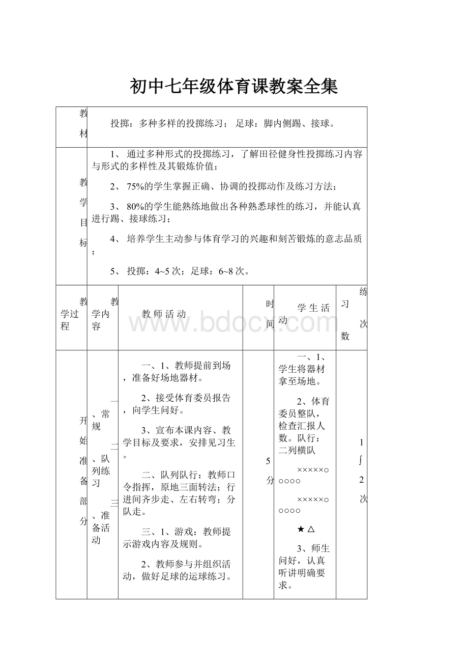 初中七年级体育课教案全集.docx_第1页