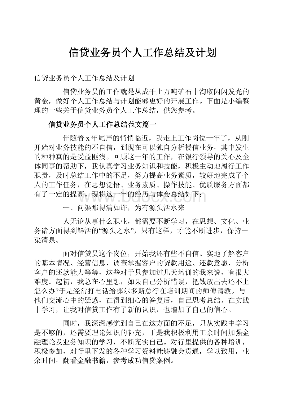 信贷业务员个人工作总结及计划.docx_第1页