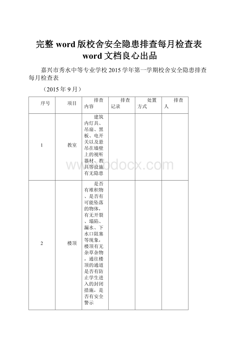 完整word版校舍安全隐患排查每月检查表word文档良心出品.docx