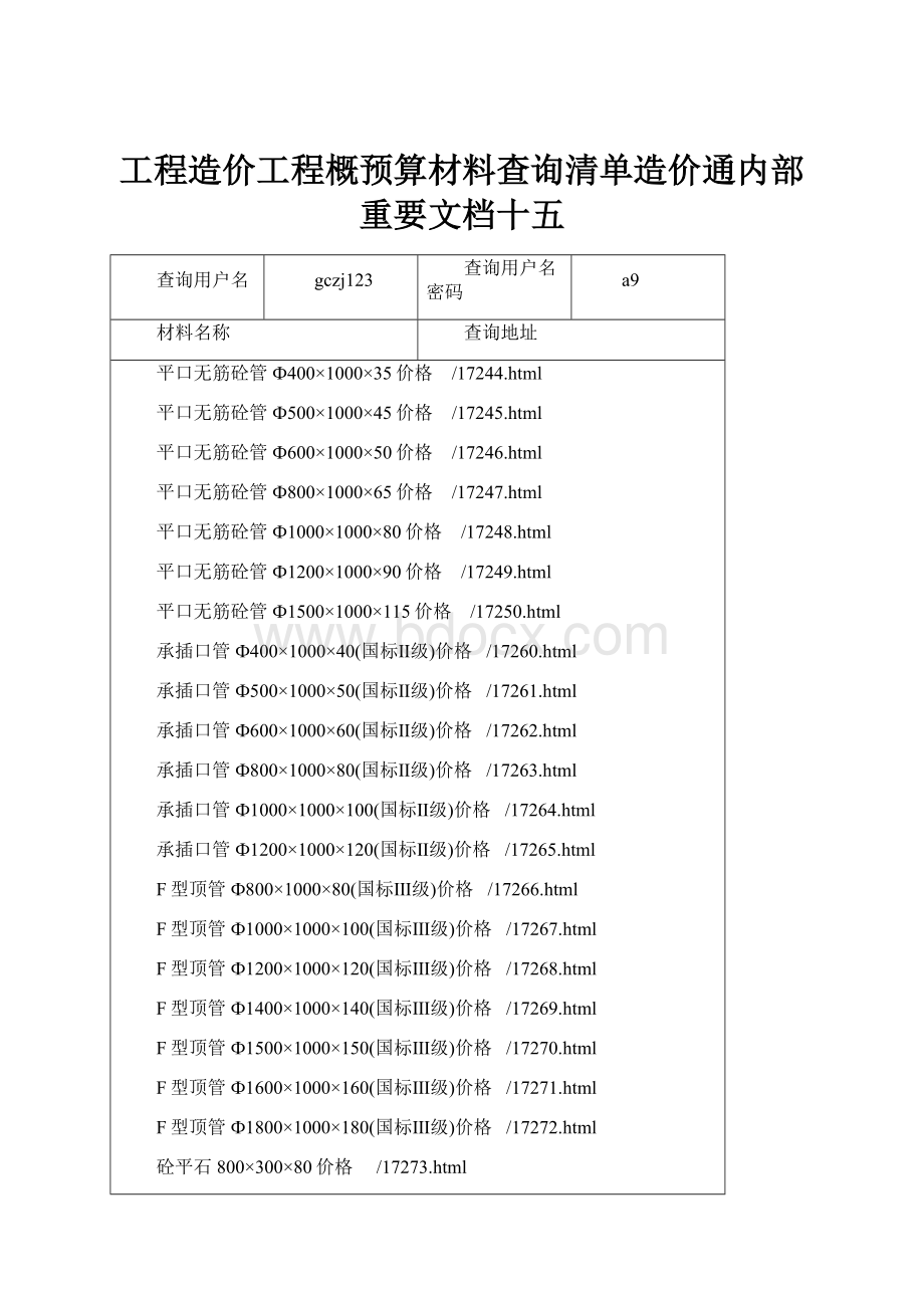 工程造价工程概预算材料查询清单造价通内部重要文档十五.docx