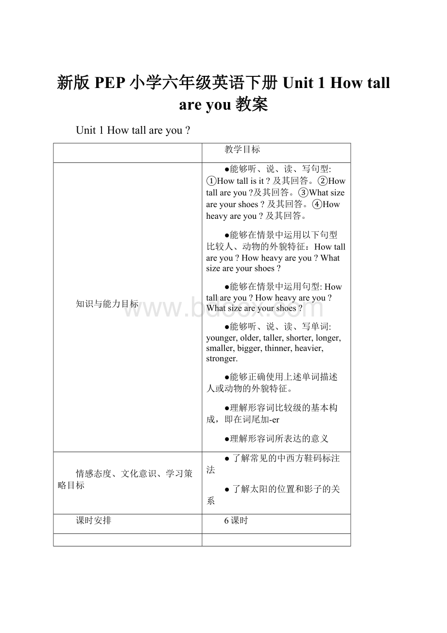 新版PEP小学六年级英语下册Unit 1 How tall are you教案.docx