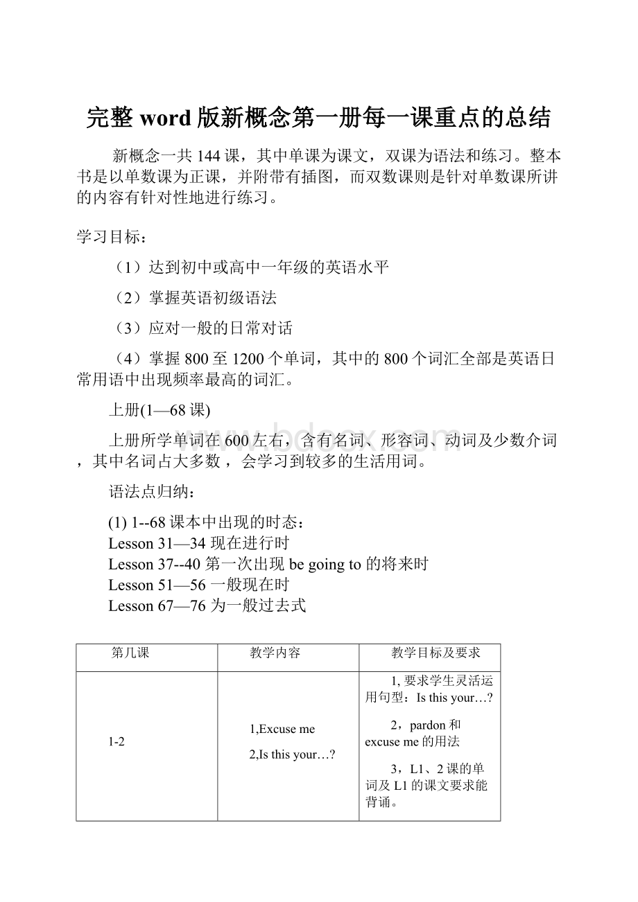 完整word版新概念第一册每一课重点的总结.docx_第1页