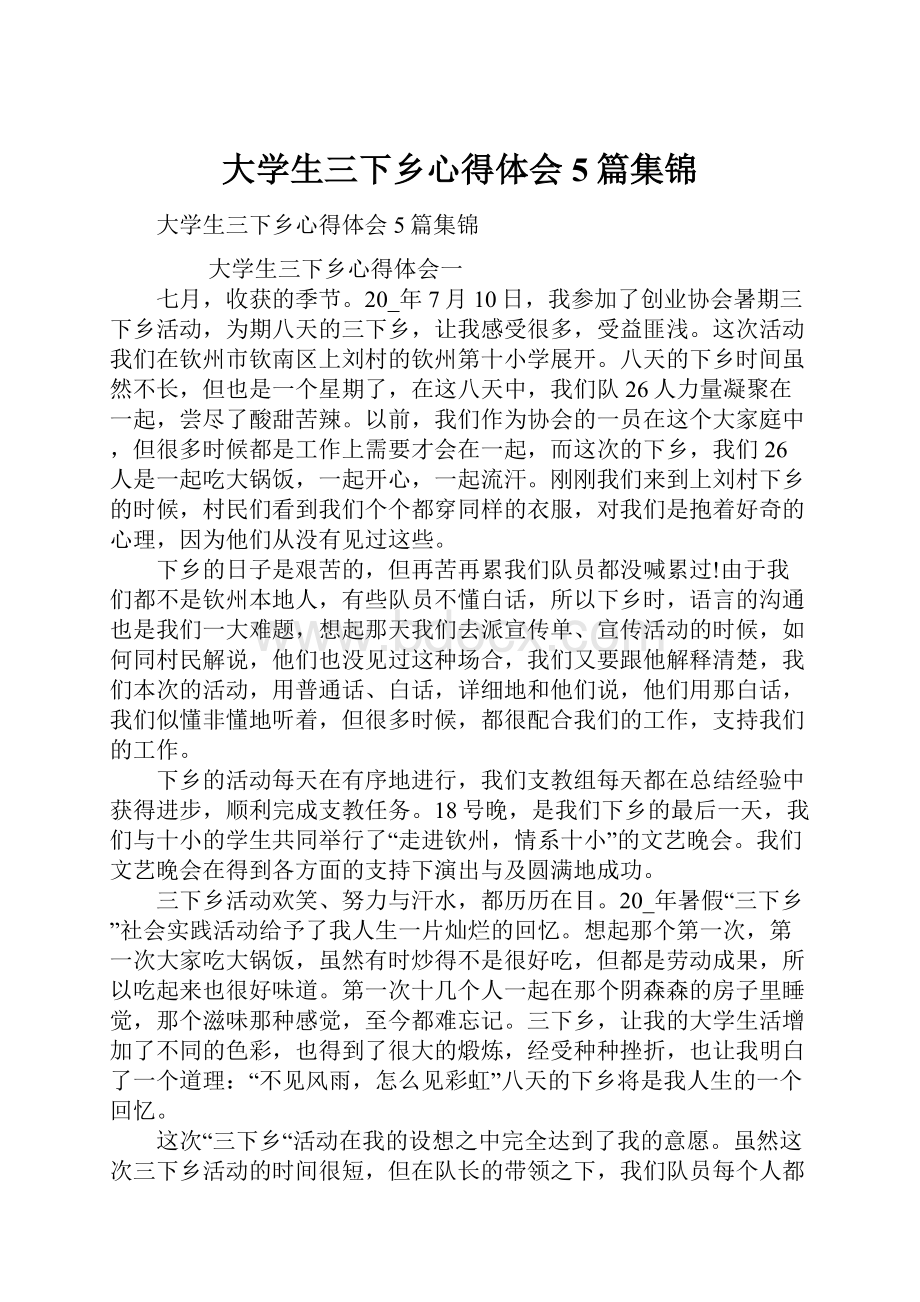 大学生三下乡心得体会5篇集锦.docx_第1页