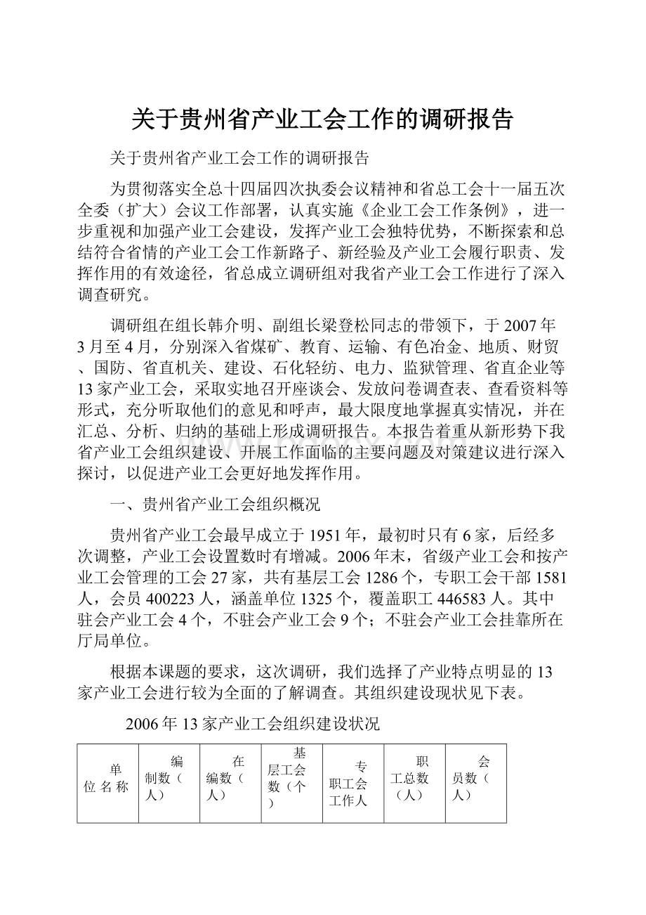 关于贵州省产业工会工作的调研报告.docx