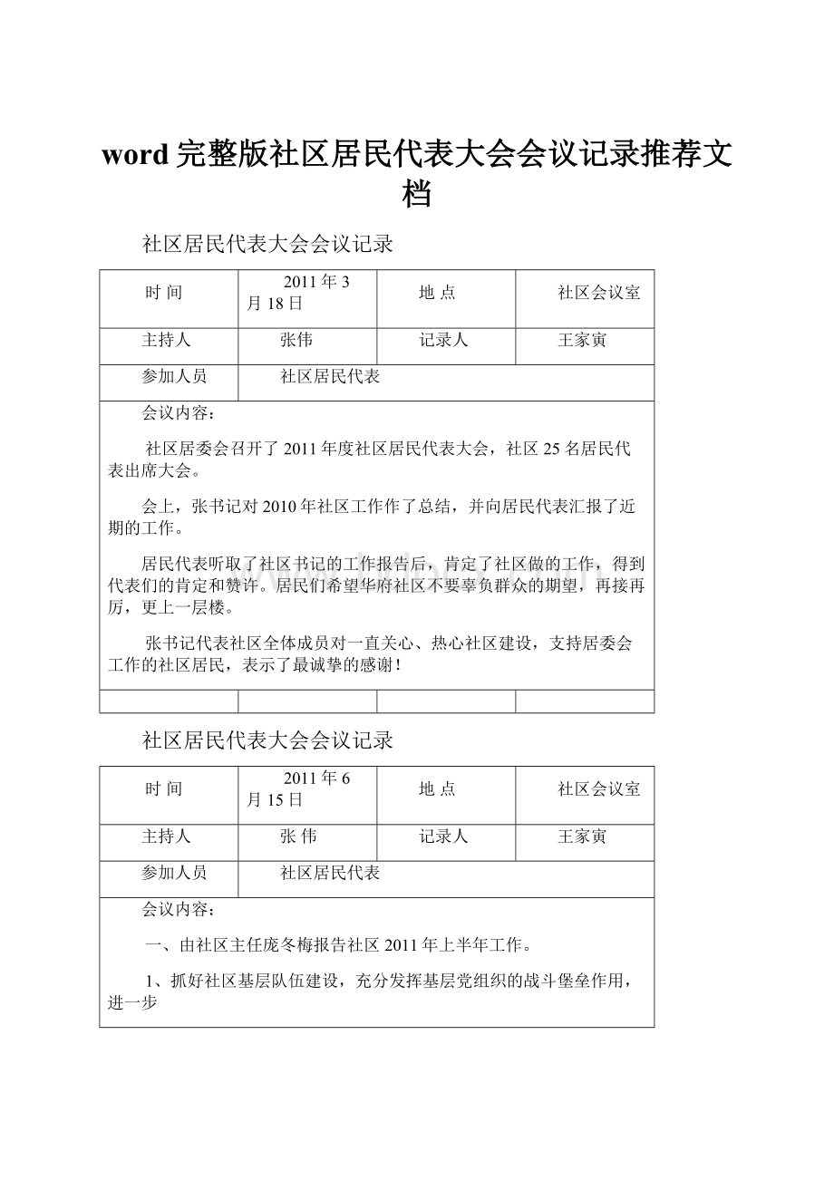 word完整版社区居民代表大会会议记录推荐文档.docx