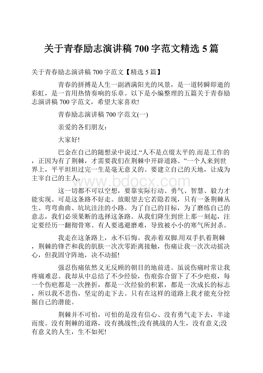 关于青春励志演讲稿700字范文精选5篇.docx_第1页